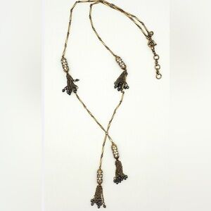 J CREW Antique Bronze Gold Tone Clear Gray Rhinestone Multi Tassel Long Necklace